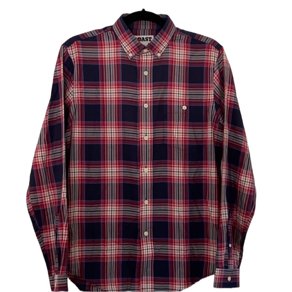 BOAST Mens Red and Blue Plaid Long Sleeve Button Down Shirt Size Small